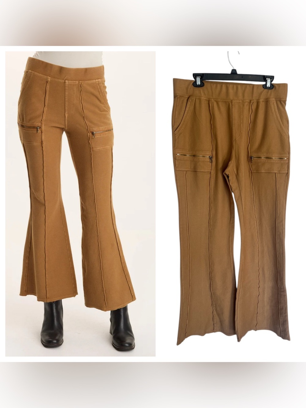 XCVI Ninian Twill Knit Zipper Pocket Flared Pant tan brown sz large pull on